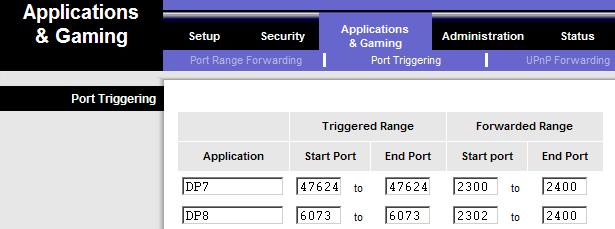 Sample Linksys Port Triggering